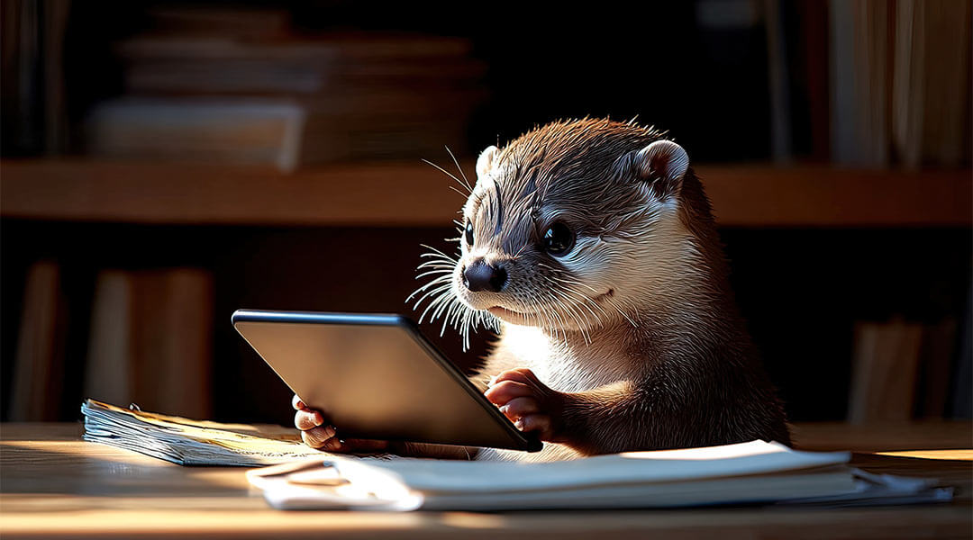 An otter sitting at a desk looking at an iPad in a claims firm.